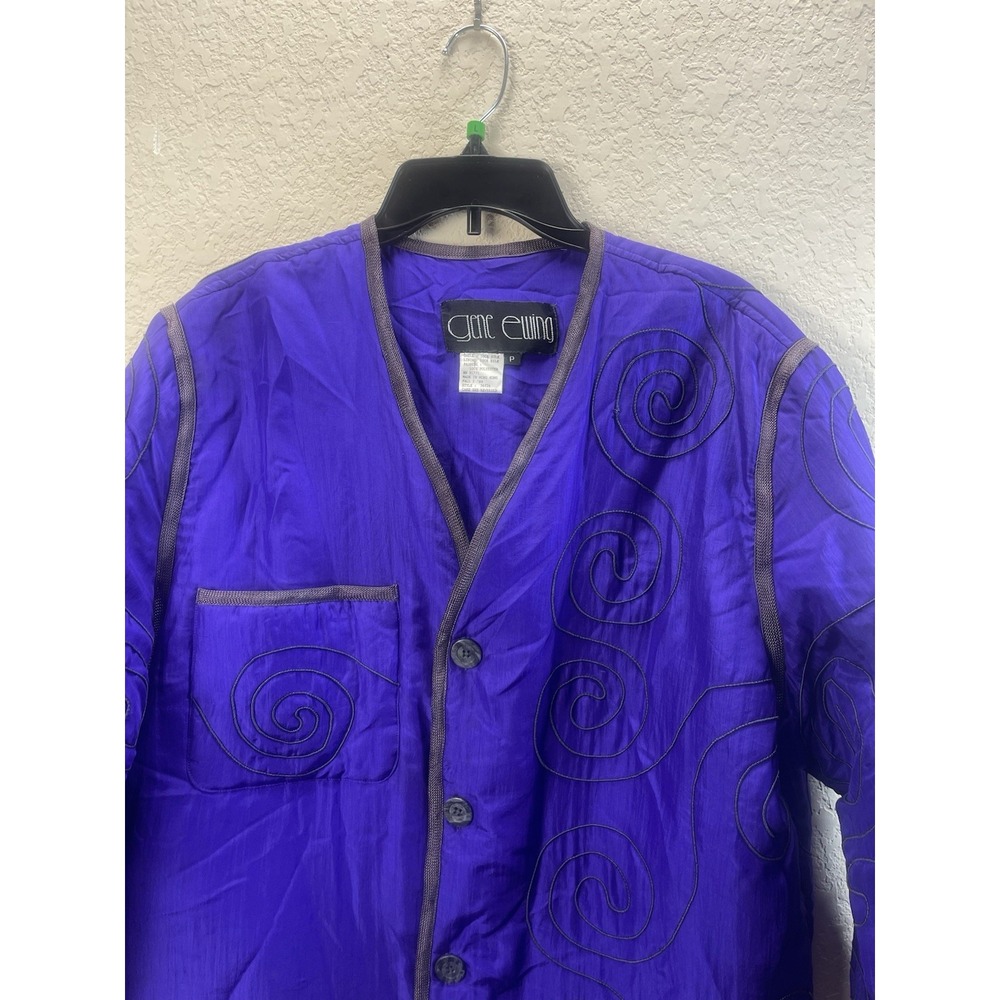 VTG 1989 Gene Ewing 100% Silk Jacket S- P Black w/Piping & Purple Detail Artsy